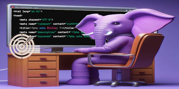 Imagem com elefante roxo humanoide sentado em uma cadeira editando um código html com o head da página, meta tags description