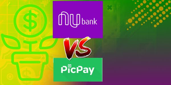 Imagem com ícone de planta com cifrão, dinheiro e gráficos apontando para cima, representando o rendimento da nubank e picpay