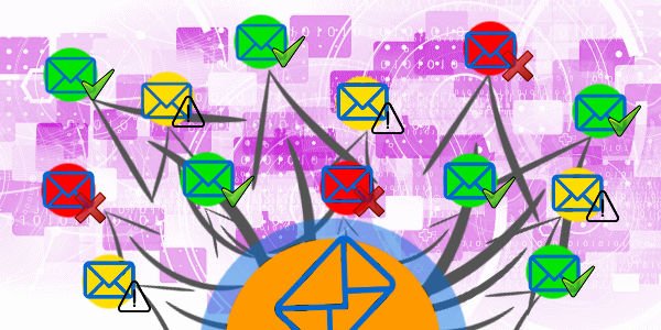 um email central enviando vários outros representado pelo ícone, círculos verde ok, amarelo e vermelho referente a entrega
